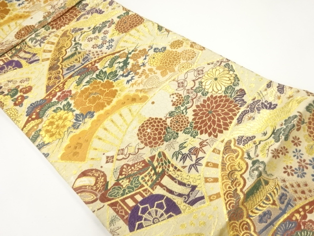 JAPANESE KIMONO / ANTIQUE MARU OBI / WOVEN FLOWER & CARRIAGE